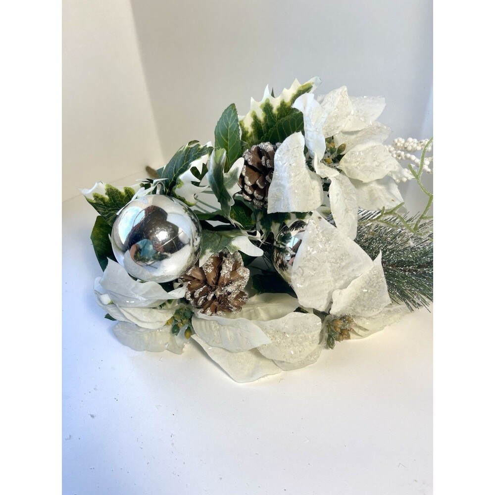 Lot of 3 White Artificial Poinsettias, Snowy pine and Sliver Ornaments